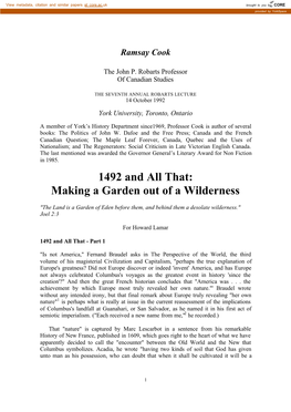 1492 and All That: Making a Garden out of a Wilderness