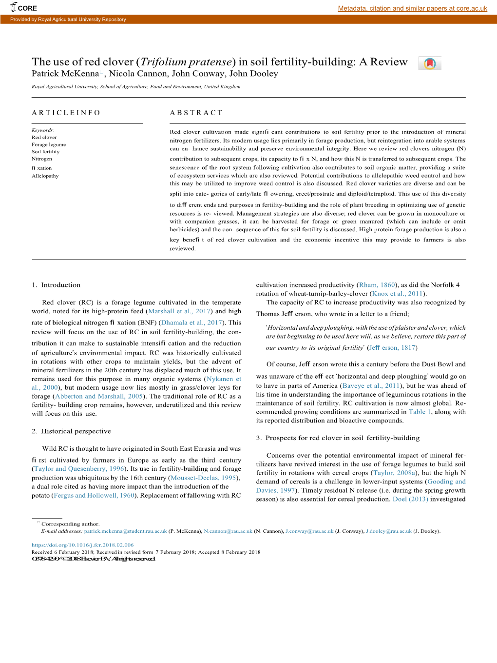 The Use of Red Clover (Trifolium Pratense) in Soil Fertility-Building: a Review Patrick Mckenna⁎, Nicola Cannon, John Conway, John Dooley