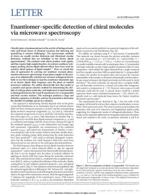 Enantiomer-Specific Detection of Chiral Molecules Via Microwave Spectroscopy