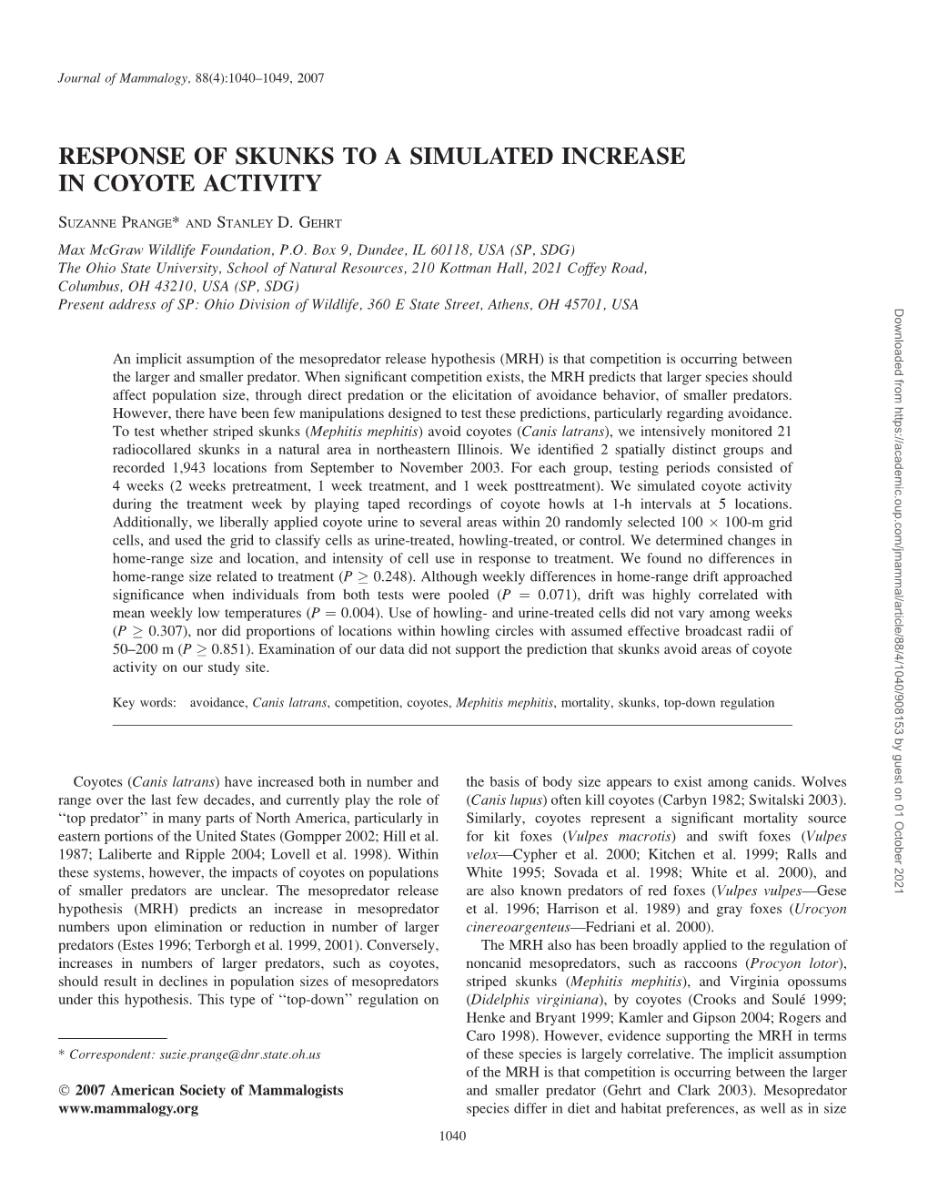 Response of Skunks to a Simulated Increase in Coyote Activity