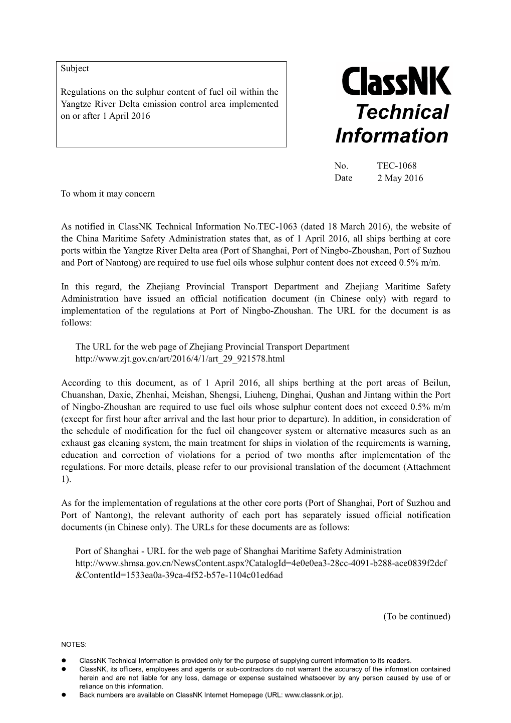 Regulations on the Sulphur Content of Fuel Oil Within the Yangtze River Delta Emission Control Area Implemented on Or After 1 April 2016 Technical Information