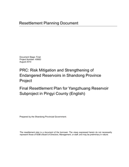RP: PRC: Yangzhuang Reservoir Subproject in Pingyi County, Risk