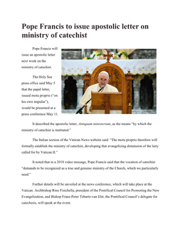 Pope Francis to Issue Apostolic Letter on Ministry of Catechist