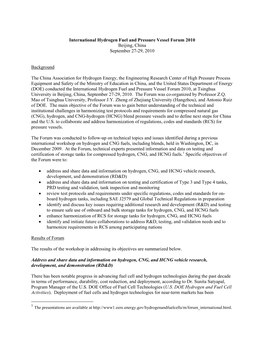 International Hydrogen Fuel and Pressure Vessel Forum 2010 Beijing, China September 27-29, 2010