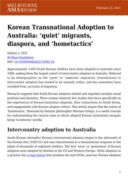 Korean Transnational Adoption to Australia: ‘Quiet’ Migrants, Diaspora, and ‘Hometactics’
