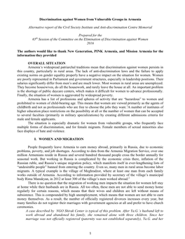 Discrimination Against Women from Vulnerable Groups in Armenia Alternative Report of the Civil Society Institute and Anti-Discri