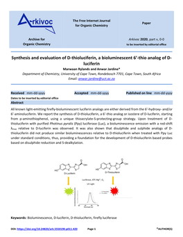 Synthesis and Evaluation of D-Thioluciferin, a Bioluminescent 6'-Thio Analog of D- Luciferin