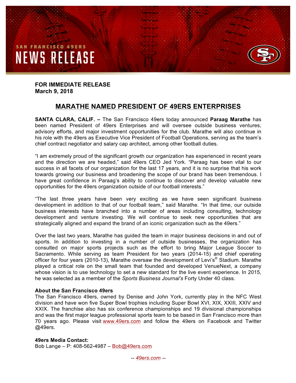 Marathe Announced As President of 49Ers Enterprises