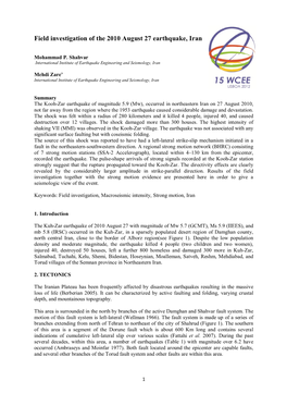 Field Investigation of the 2010 August 27 Earthquake, Iran