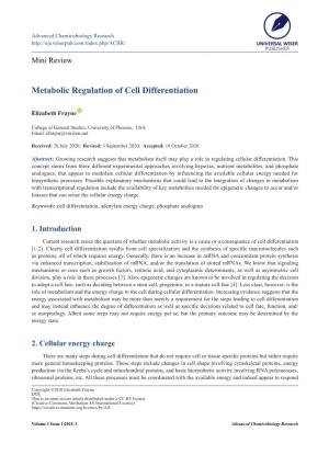 Metabolic Regulation of Cell Differentiation