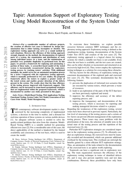 Tapir: Automation Support of Exploratory Testing Using Model Reconstruction of the System Under Test Miroslav Bures, Karel Frajtak, and Bestoun S