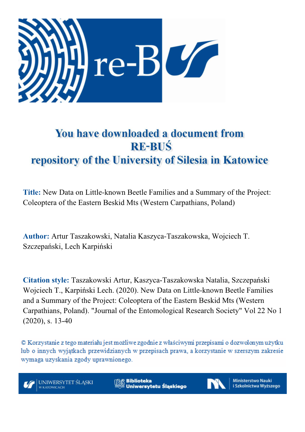 Title: New Data on Little-Known Beetle Families and a Summary of the Project: Coleoptera of the Eastern Beskid Mts (Western Carpathians, Poland)