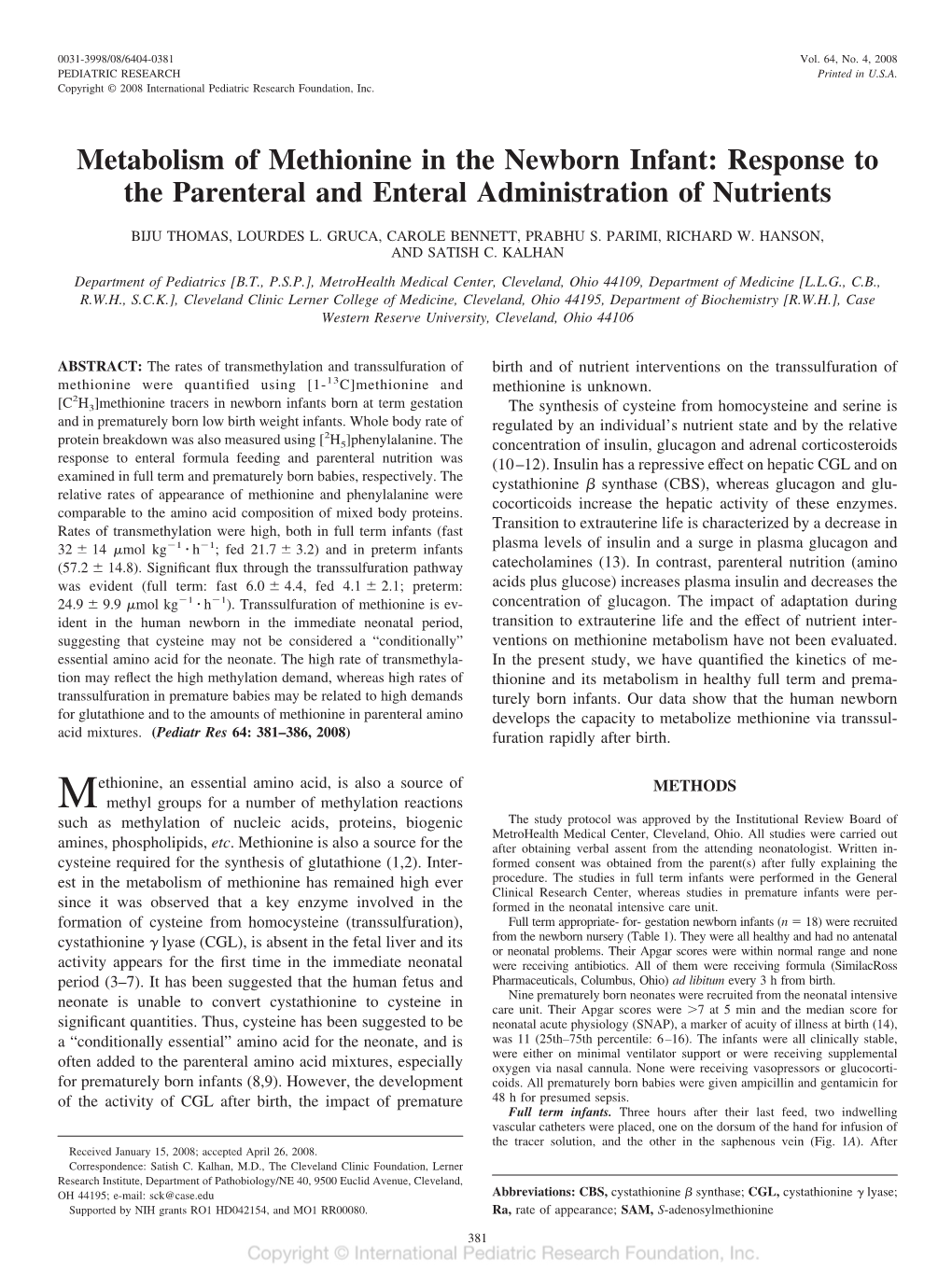 Metabolism of Methionine in the Newborn Infant: Response to the Parenteral and Enteral Administration of Nutrients