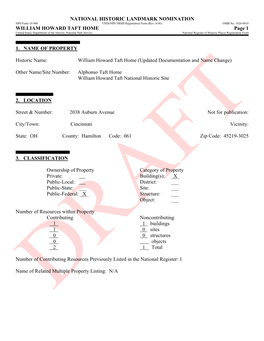 WILLIAM HOWARD TAFT HOME Page 1 United States Department of the Interior, National Park Service National Register of Historic Places Registration Form