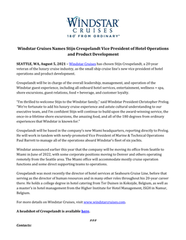 Windstar Cruises Names Stijn Creupelandt Vice President of Hotel Operations and Product Development