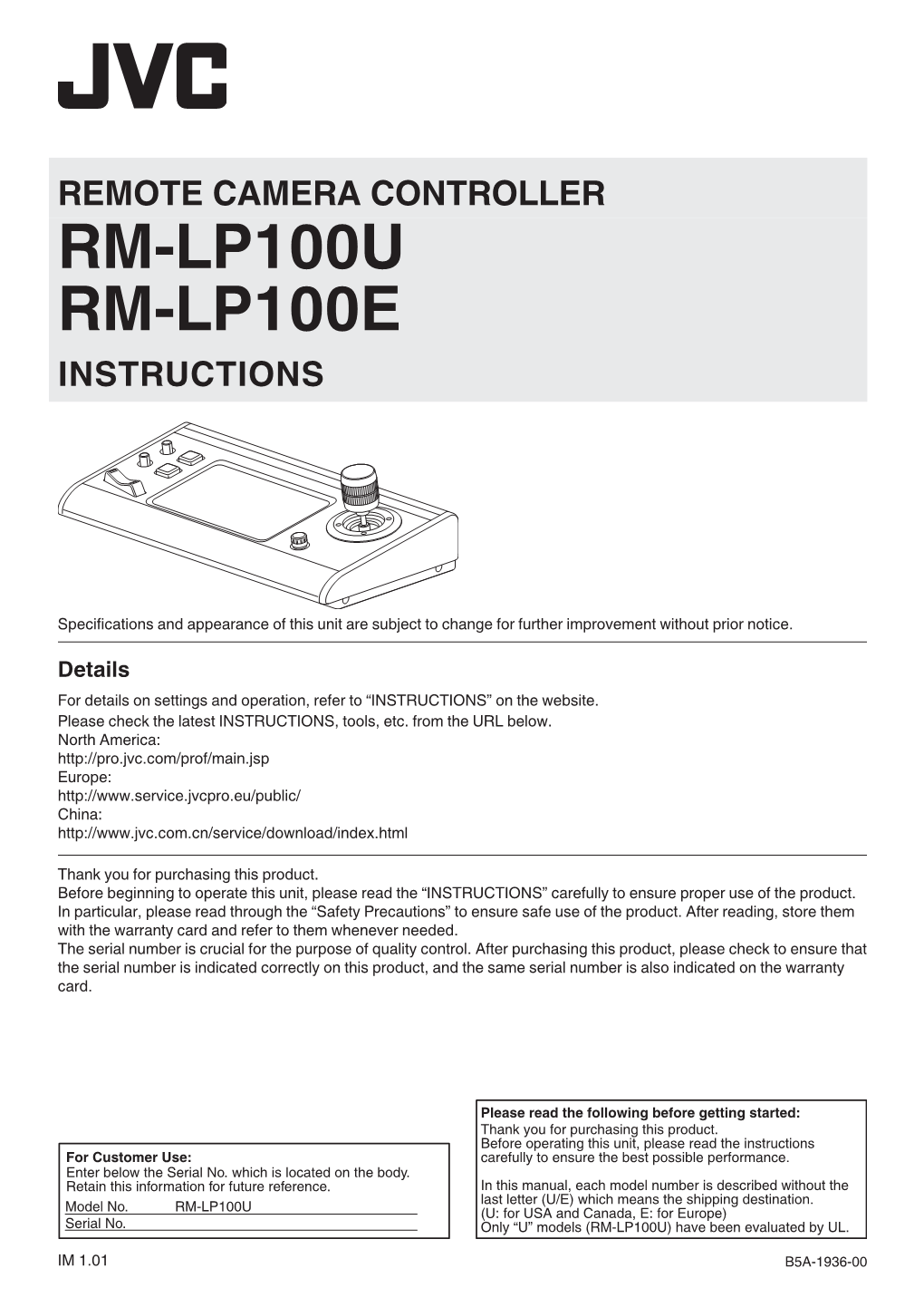 Rm-Lp100u Rm-Lp100e Instructions
