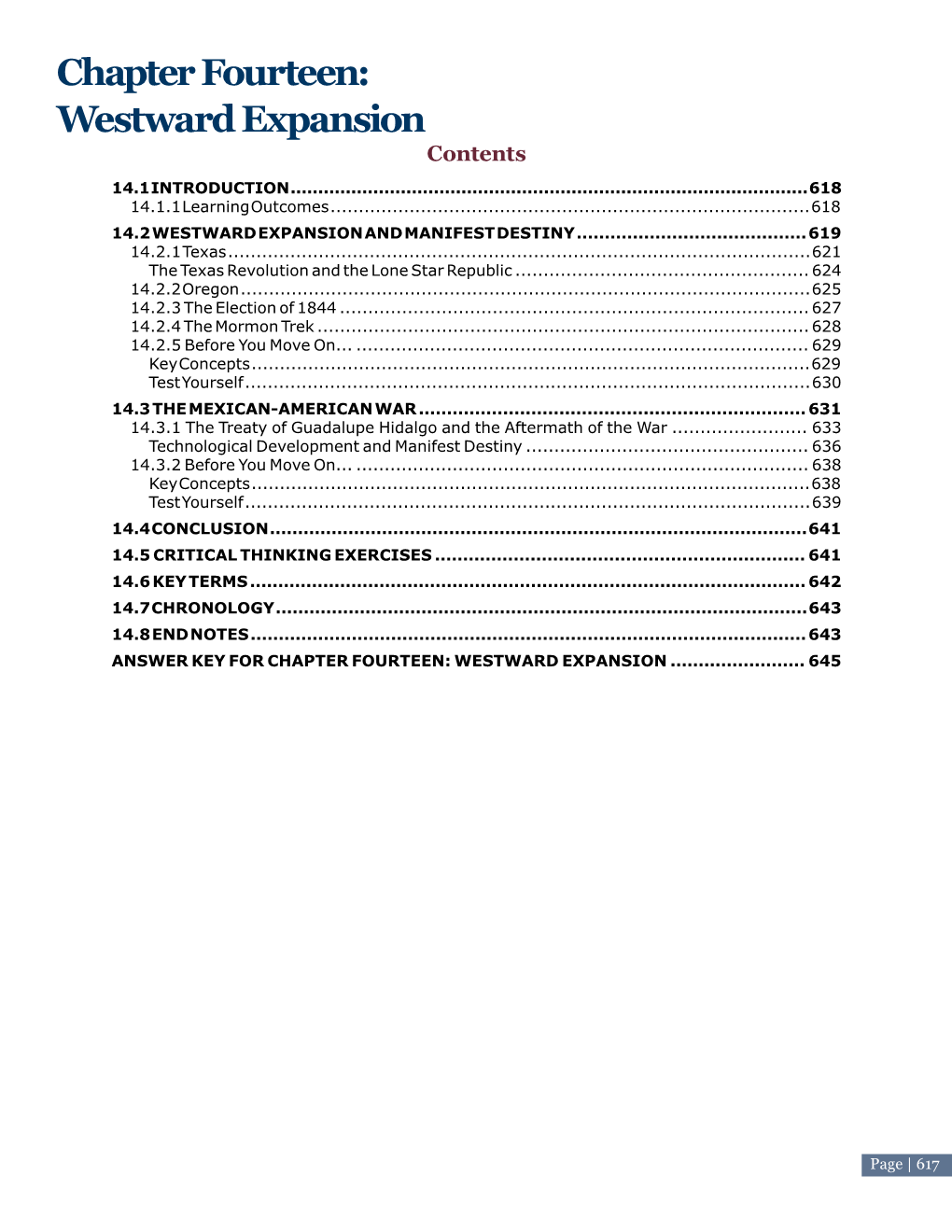 Chapter Fourteen: Westward Expansion C O Nt E Nt S 14.1 Introduction