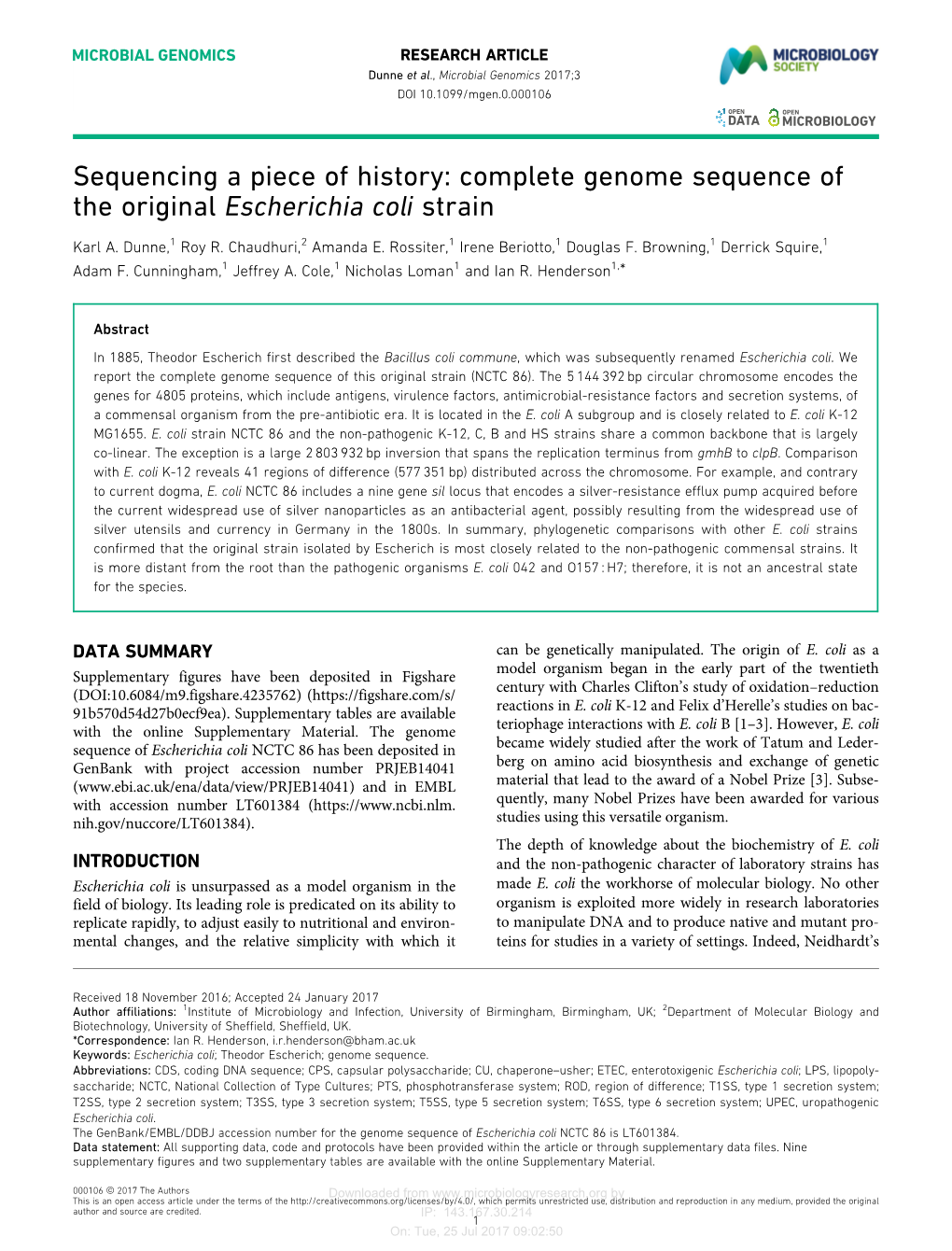 Complete Genome Sequence of the Original Escherichia Coli Strain