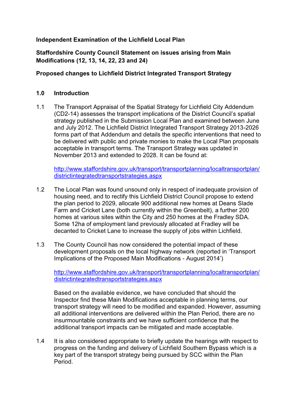 Independent Examination of the Lichfield Local Plan Staffordshire