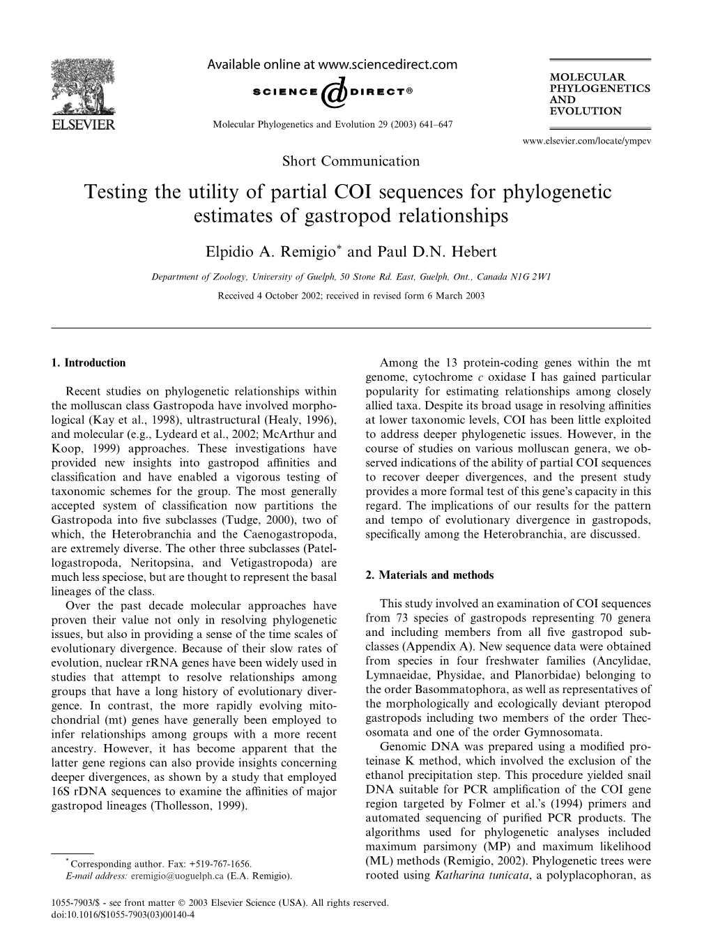 Testing the Utility of Partial COI Sequences for Phylogenetic Estimates of Gastropod Relationships