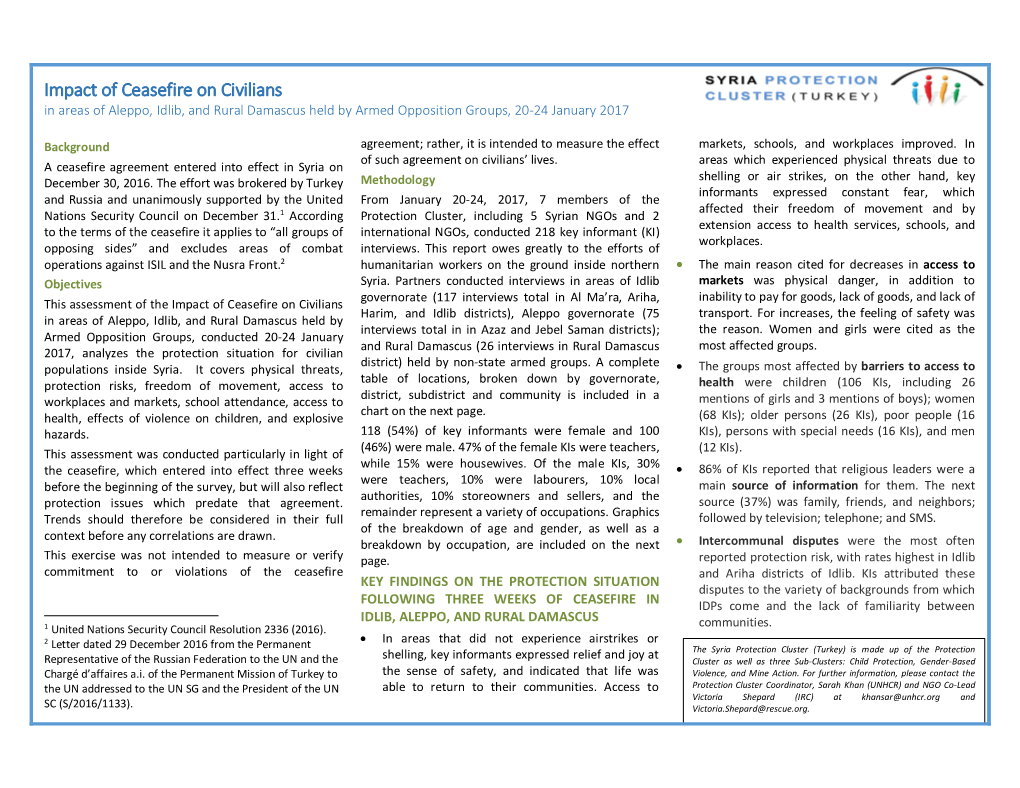 Impact of Ceasefire on Civilians in Areas of Aleppo, Idlib, and Rural Damascus Held by Armed Opposition Groups, 20-24 January 2017