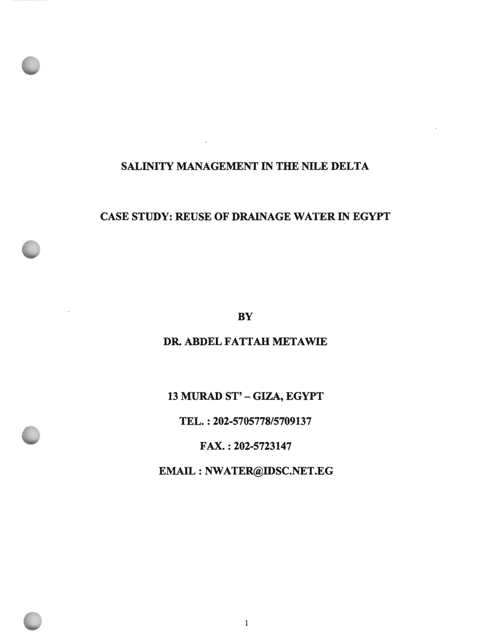 Salinity Management in the Nile Delta Case Study: Reuse of Drainage Water