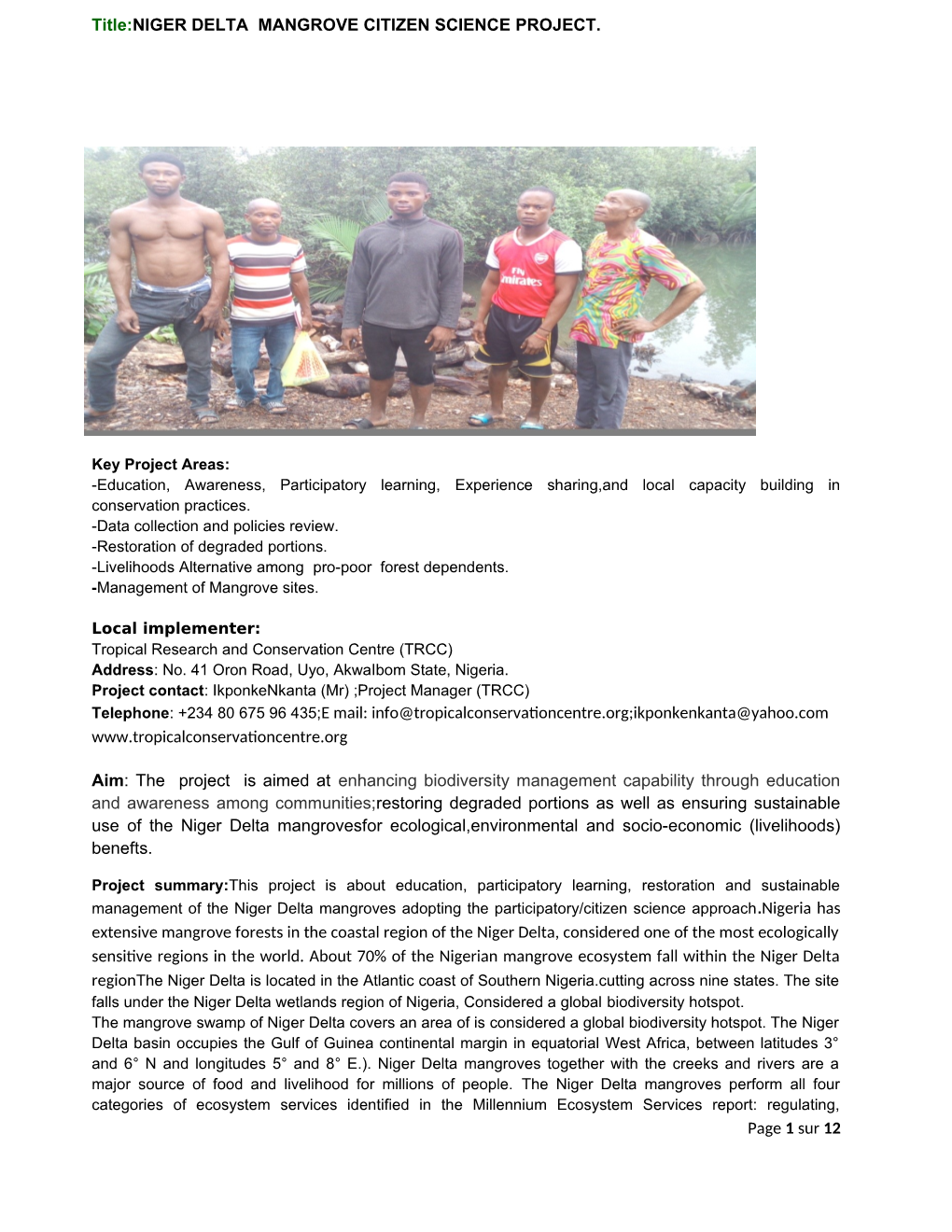 Title:NIGER DELTA MANGROVE CITIZEN SCIENCE PROJECT