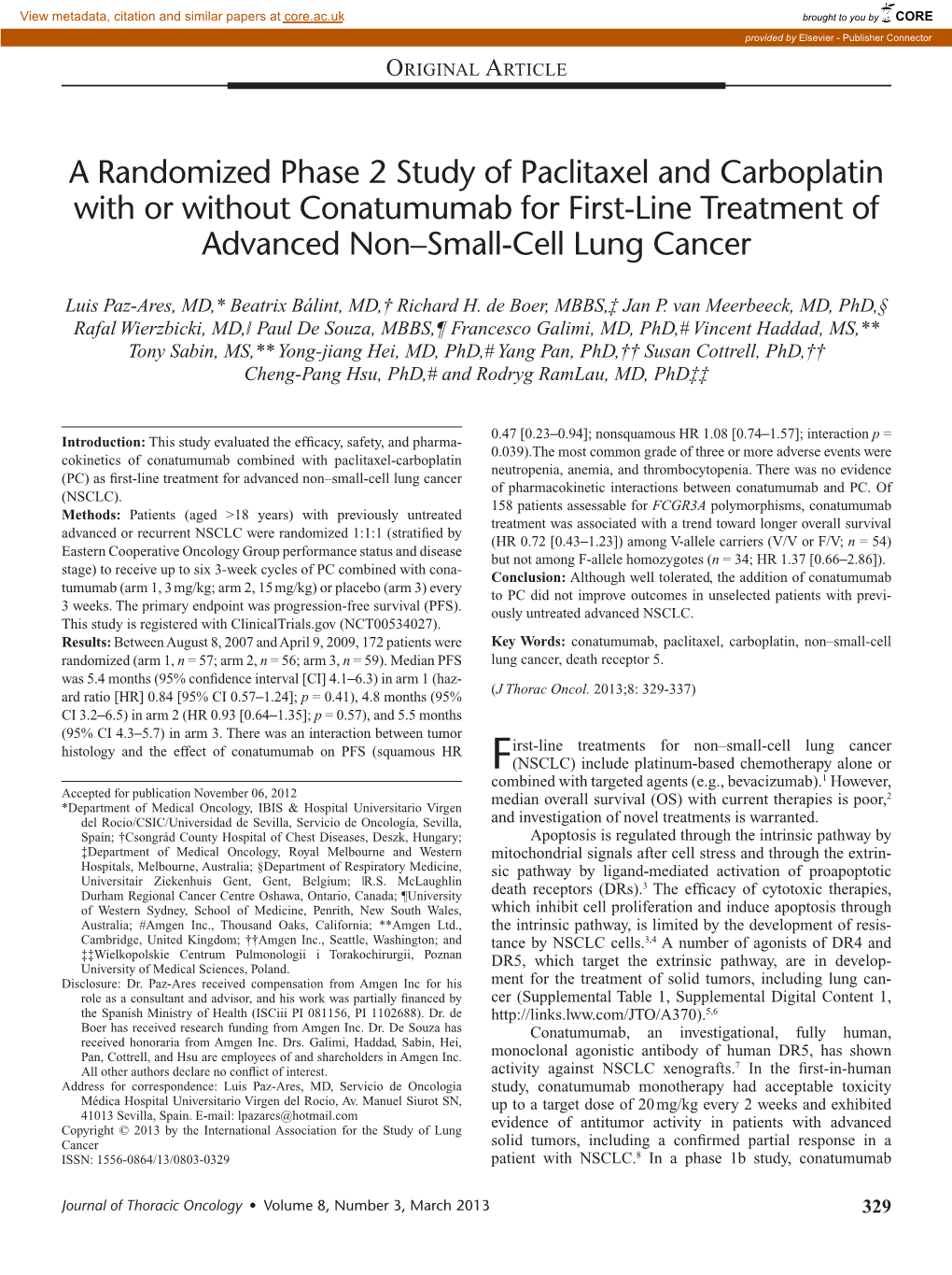 A Randomized Phase 2 Study of Paclitaxel and Carboplatin with Or Without Conatumumab for First-Line Treatment of Advanced Non–Small-Cell Lung Cancer