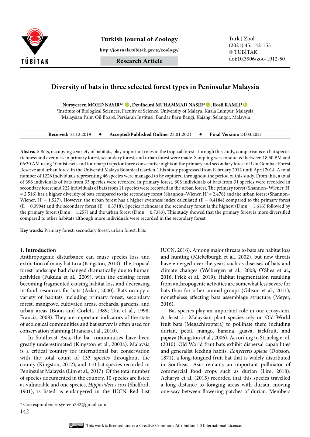 Diversity of Bats in Three Selected Forest Types in Peninsular Malaysia