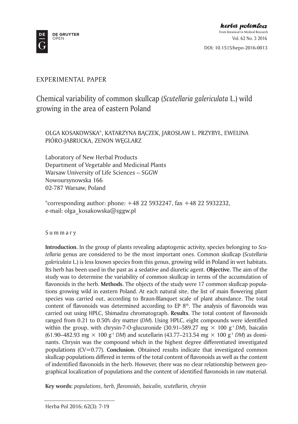 Chemical Variability of Common Skullcap (Scutellaria Galericulata L.) Wild Growing in the Area of Eastern Poland