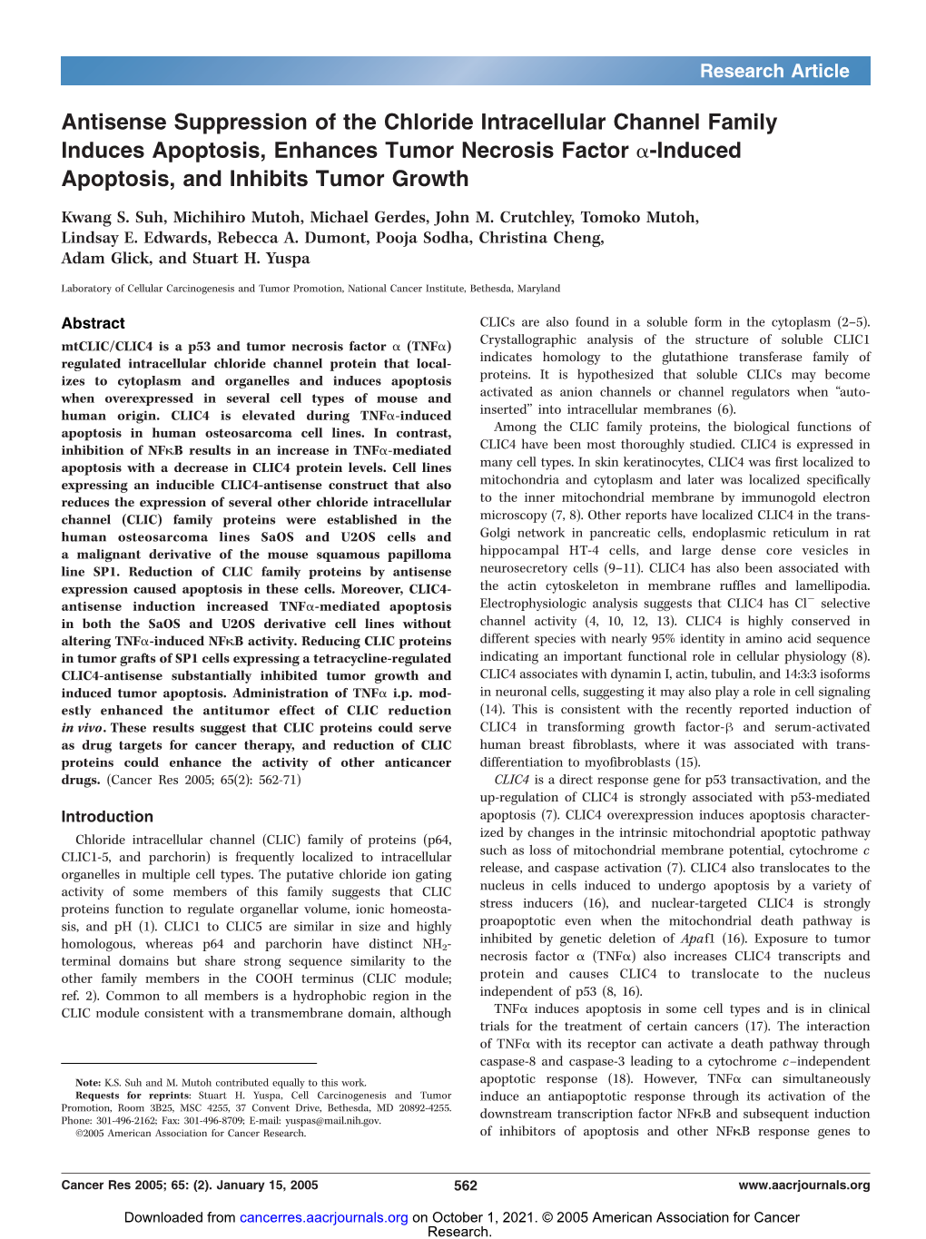 Antisense Suppression of the Chloride Intracellular Channel Family Induces Apoptosis, Enhances Tumor Necrosis Factor A-Induced Apoptosis, and Inhibits Tumor Growth