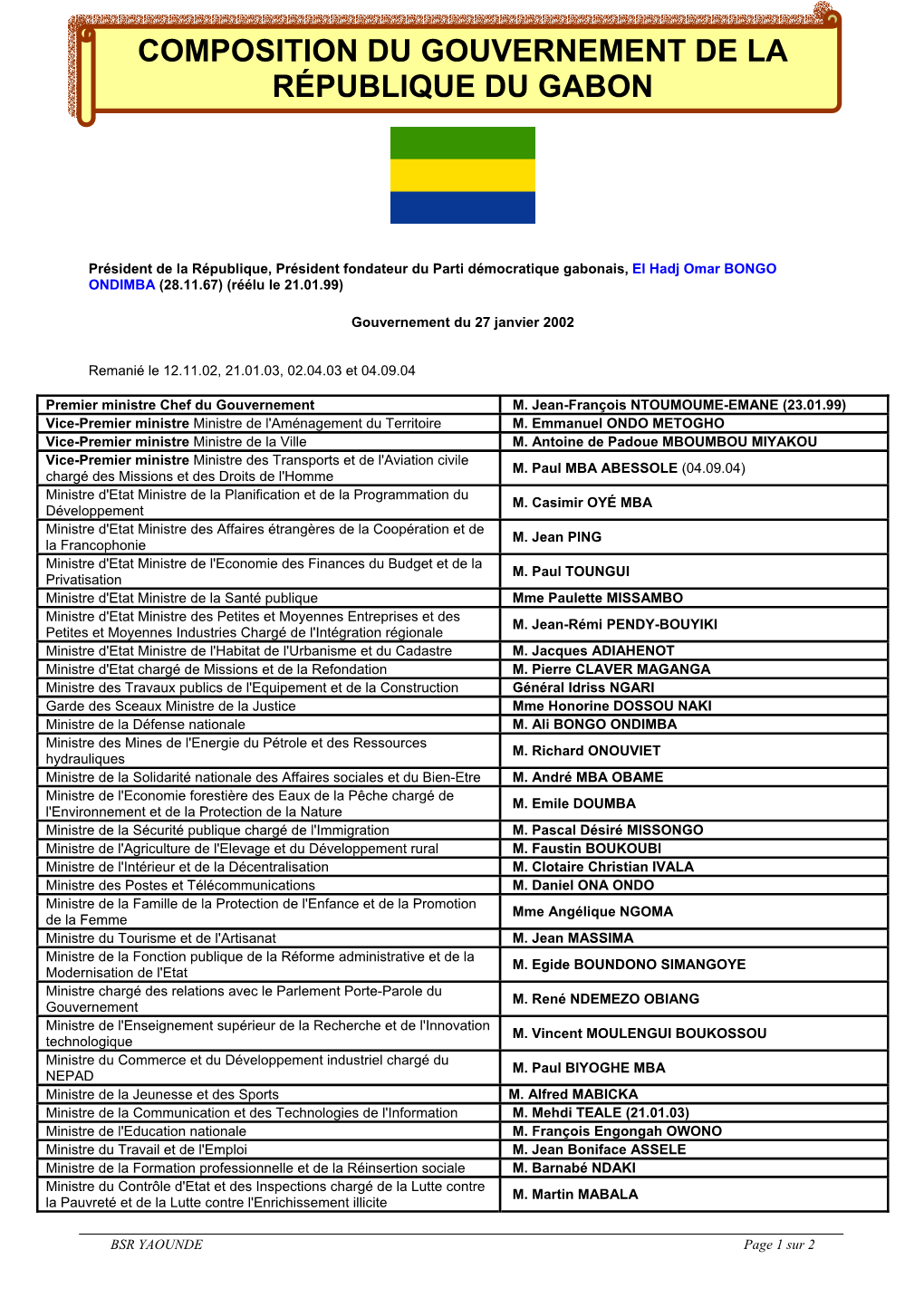 Composition Du Gouvernement De La République Du Gabon