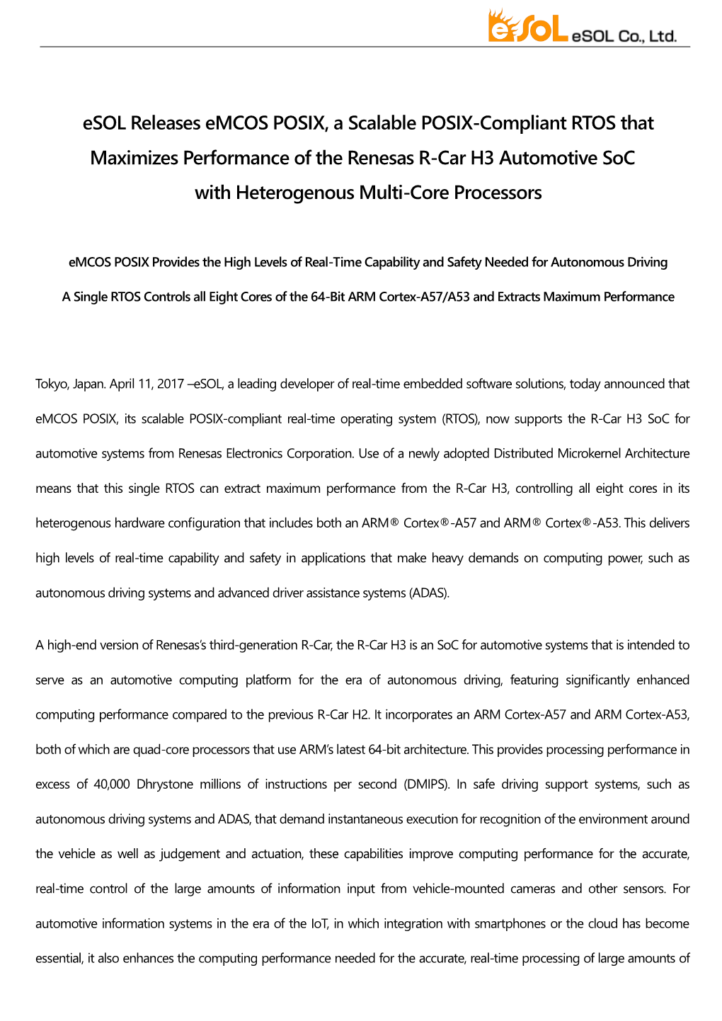 Esol Releases Emcos POSIX, a Scalable POSIX-Compliant RTOS That Maximizes Performance of the Renesas R-Car H3 Automotive Soc with Heterogenous Multi-Core Processors