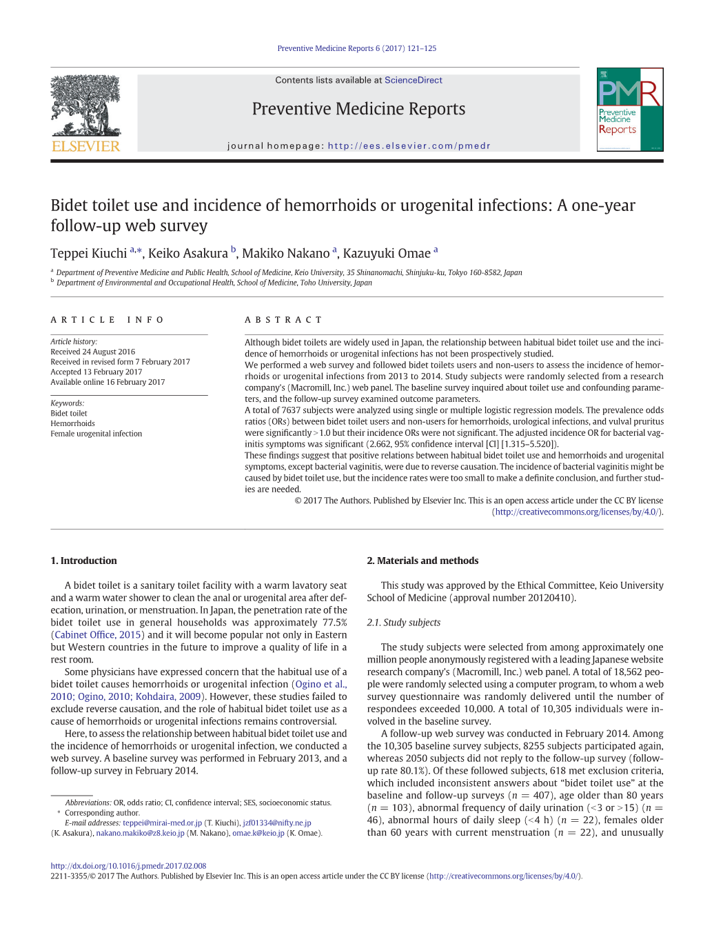 Bidet Toilet Use and Incidence of Hemorrhoids Or Urogenital Infections: a One-Year Follow-Up Web Survey