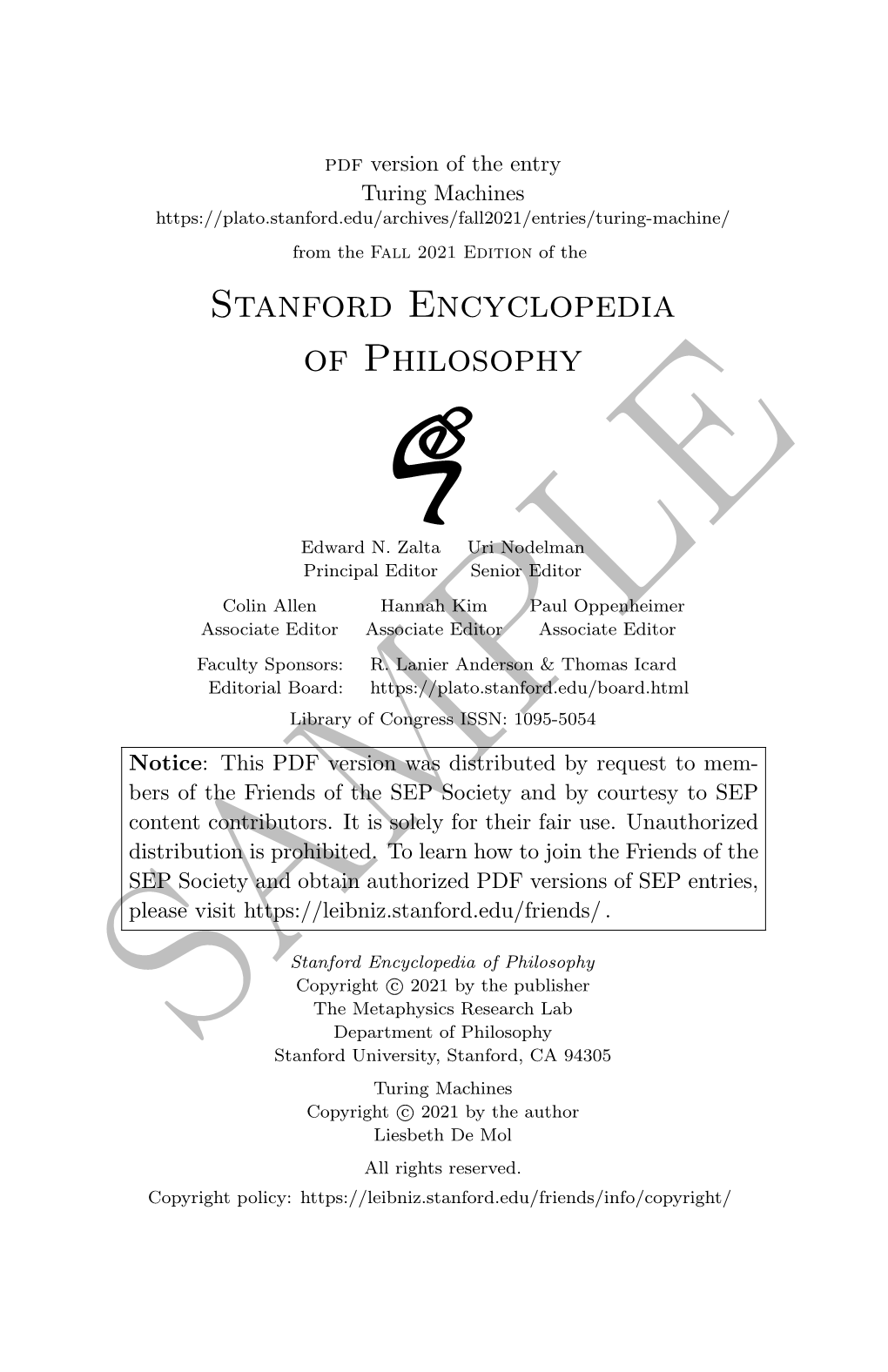 Samplestanford University, Stanford, CA 94305 Turing Machines Copyright C 2021 by the Author