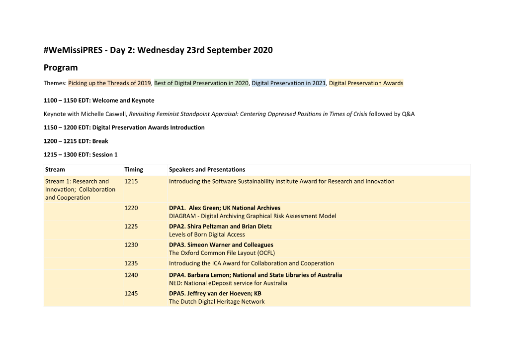 Wemissipres - Day 2: Wednesday 23Rd September 2020 Program