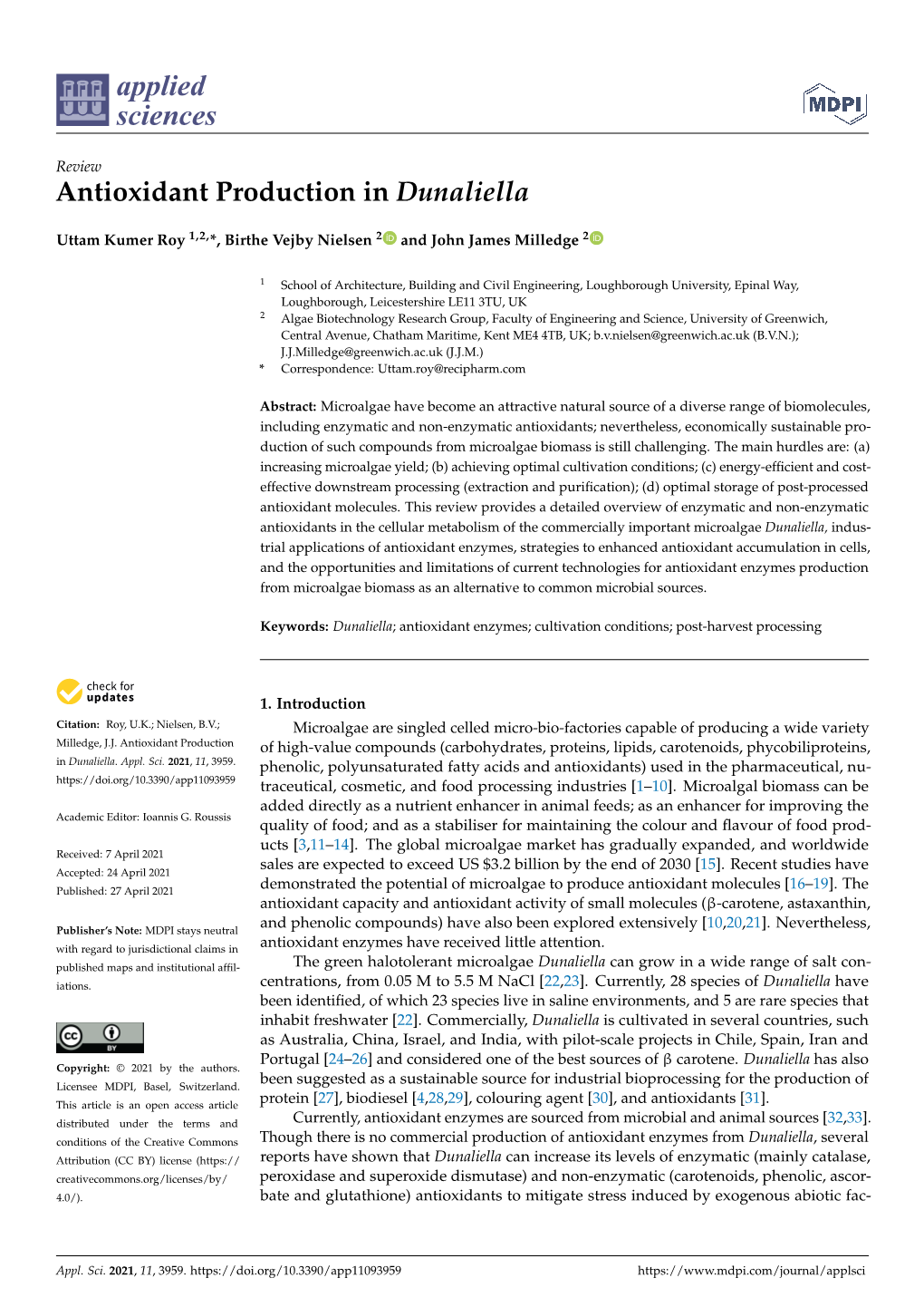 Antioxidant Production in Dunaliella