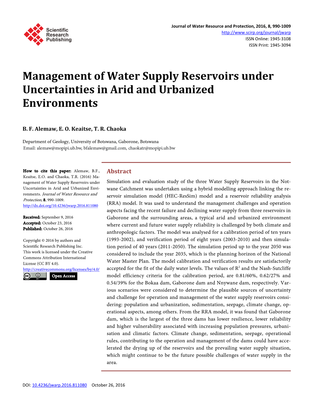 Management of Water Supply Reservoirs Under Uncertainties in Arid and Urbanized Environments