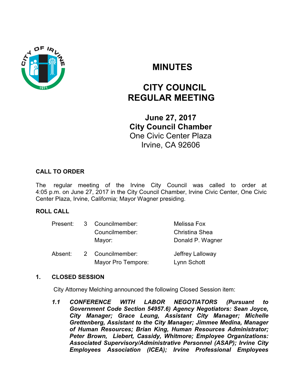 Minutes City Council Regular Meeting