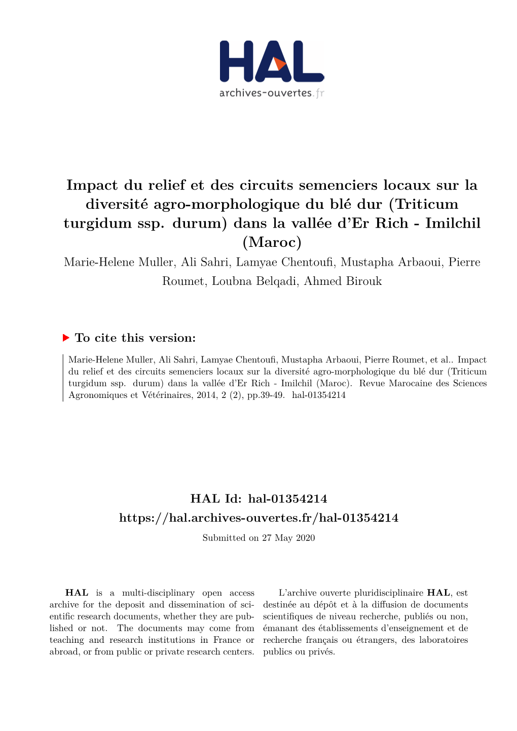 Impact Du Relief Et Des Circuits Semenciers Locaux Sur La Diversité Agro-Morphologique Du Blé Dur (Triticum Turgidum Ssp