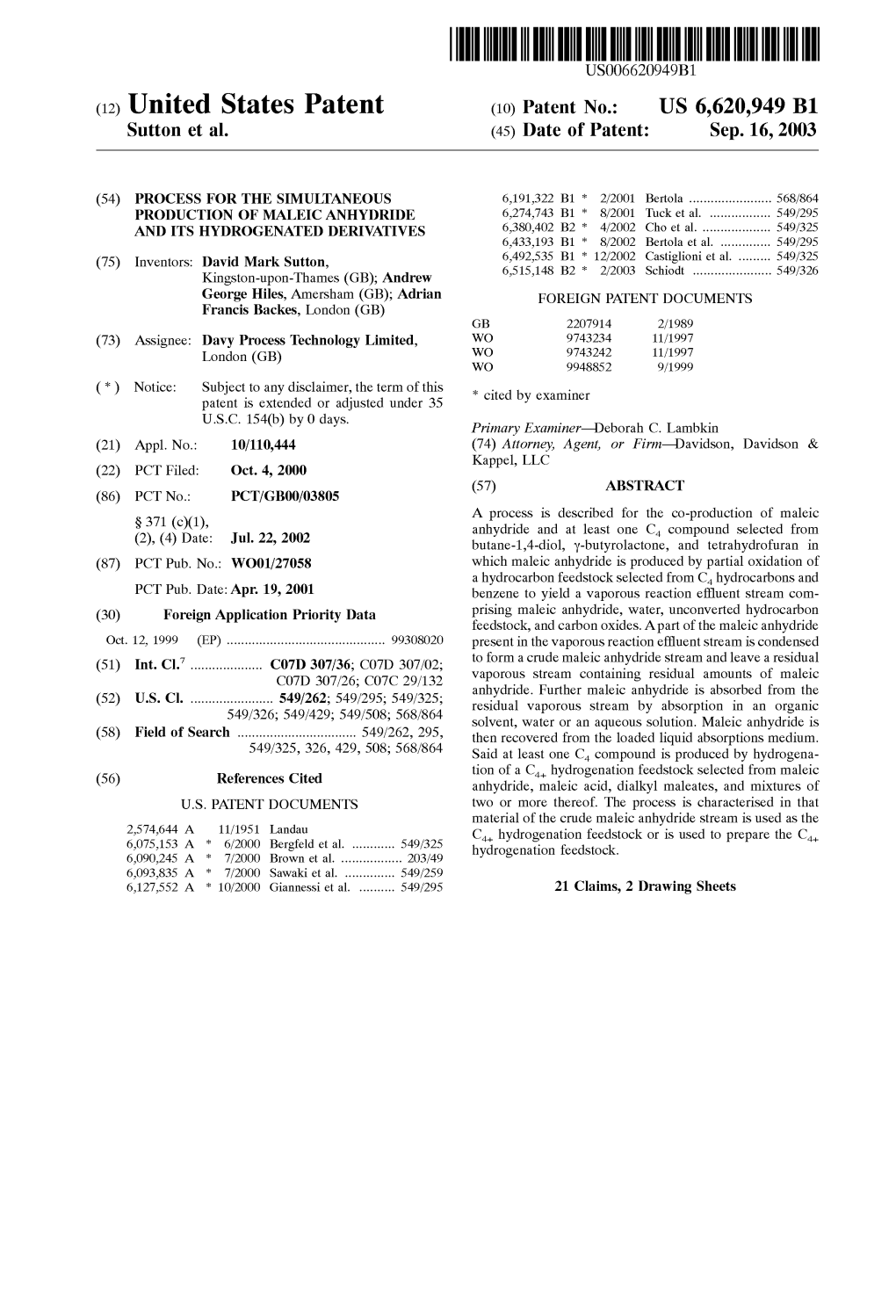 (12) United States Patent (10) Patent No.: US 6,620,949 B1 Sutton Et Al