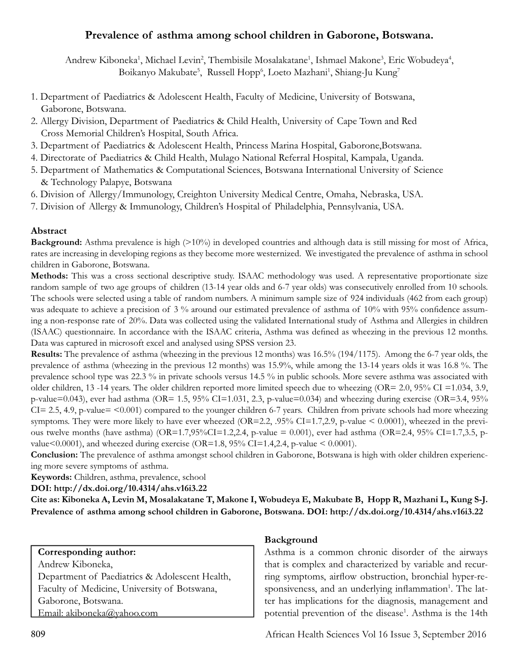 Prevalence of Asthma Among School Children in Gaborone, Botswana