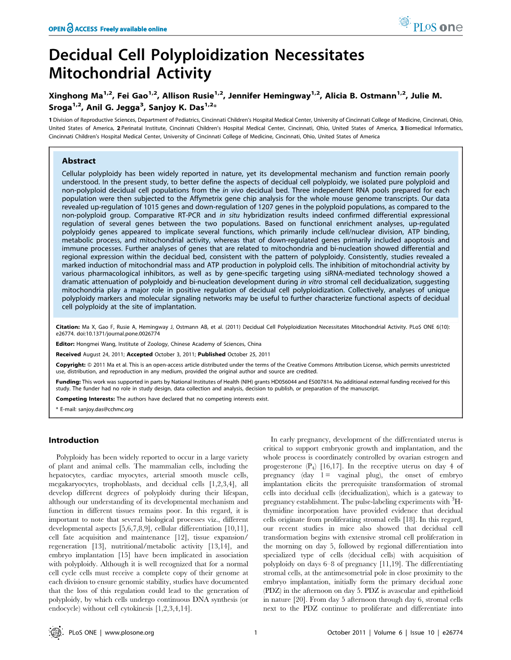 Decidual Cell Polyploidization Necessitates Mitochondrial Activity