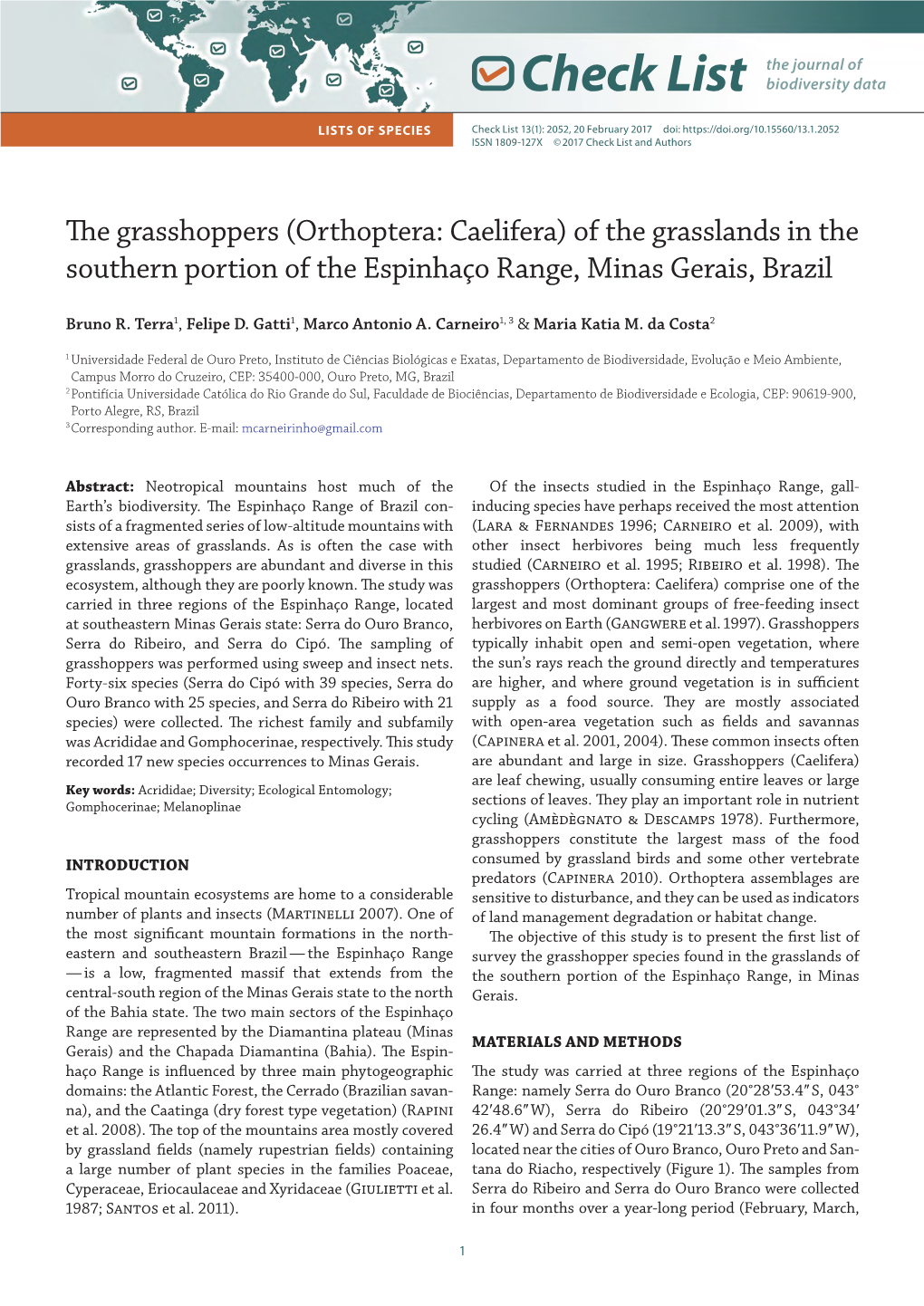 The Grasshoppers (Orthoptera: Caelifera) of the Grasslands in the Southern Portion of the Espinhaço Range, Minas Gerais, Brazil