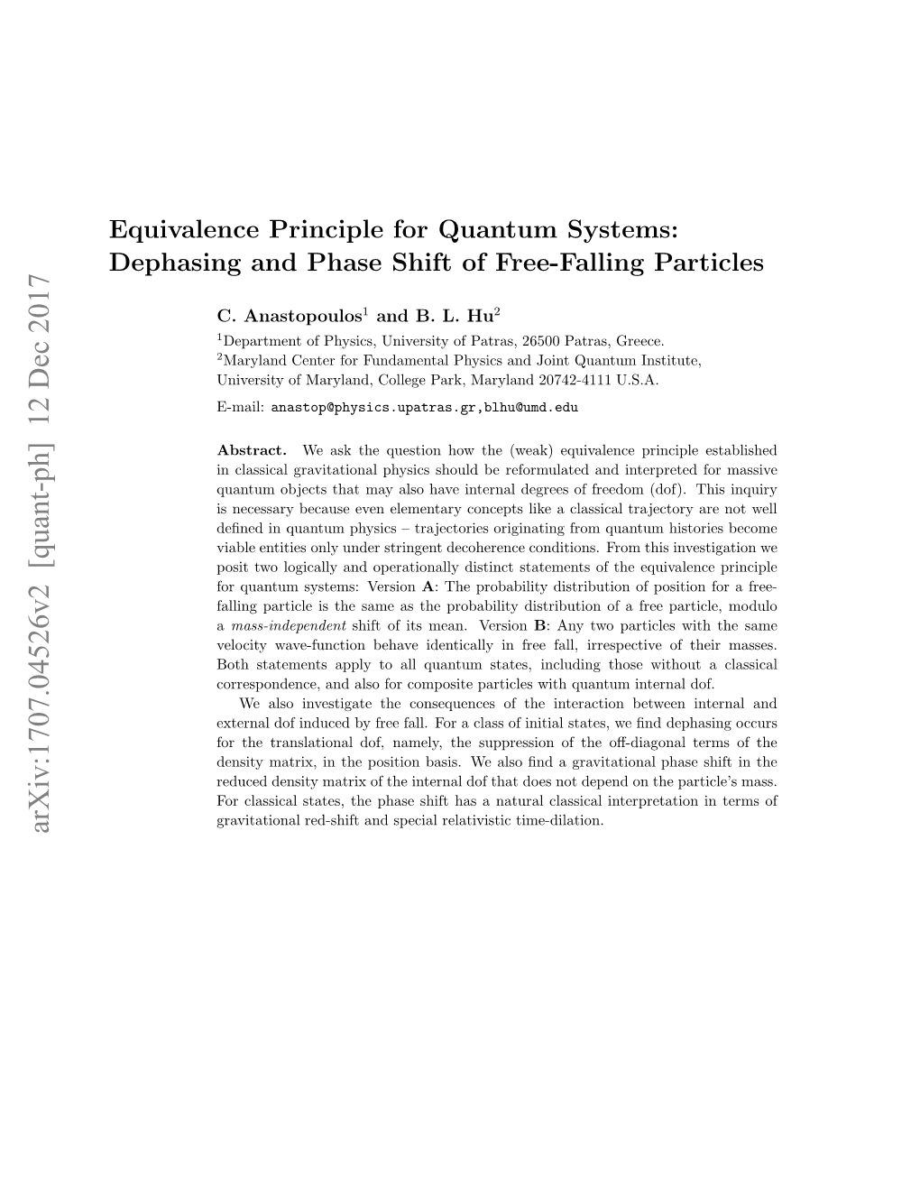 Equivalence Principle for Quantum Systems: Dephasing and Phase