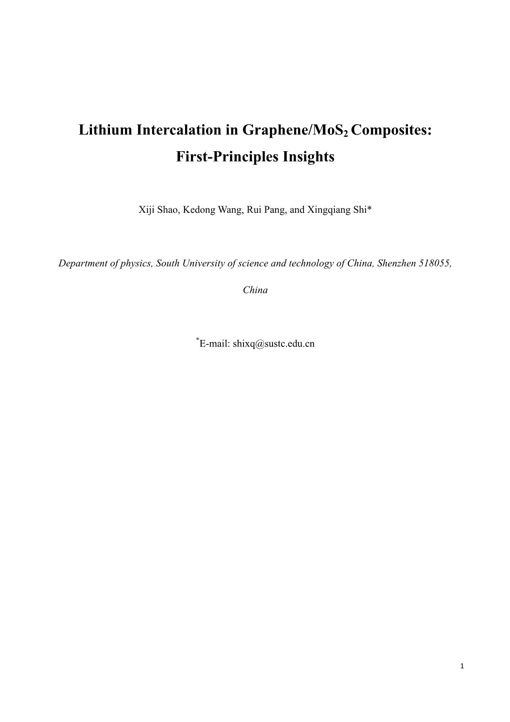 Lithium Intercalation in Graphene/Mos2 Composites: First-Principles Insights