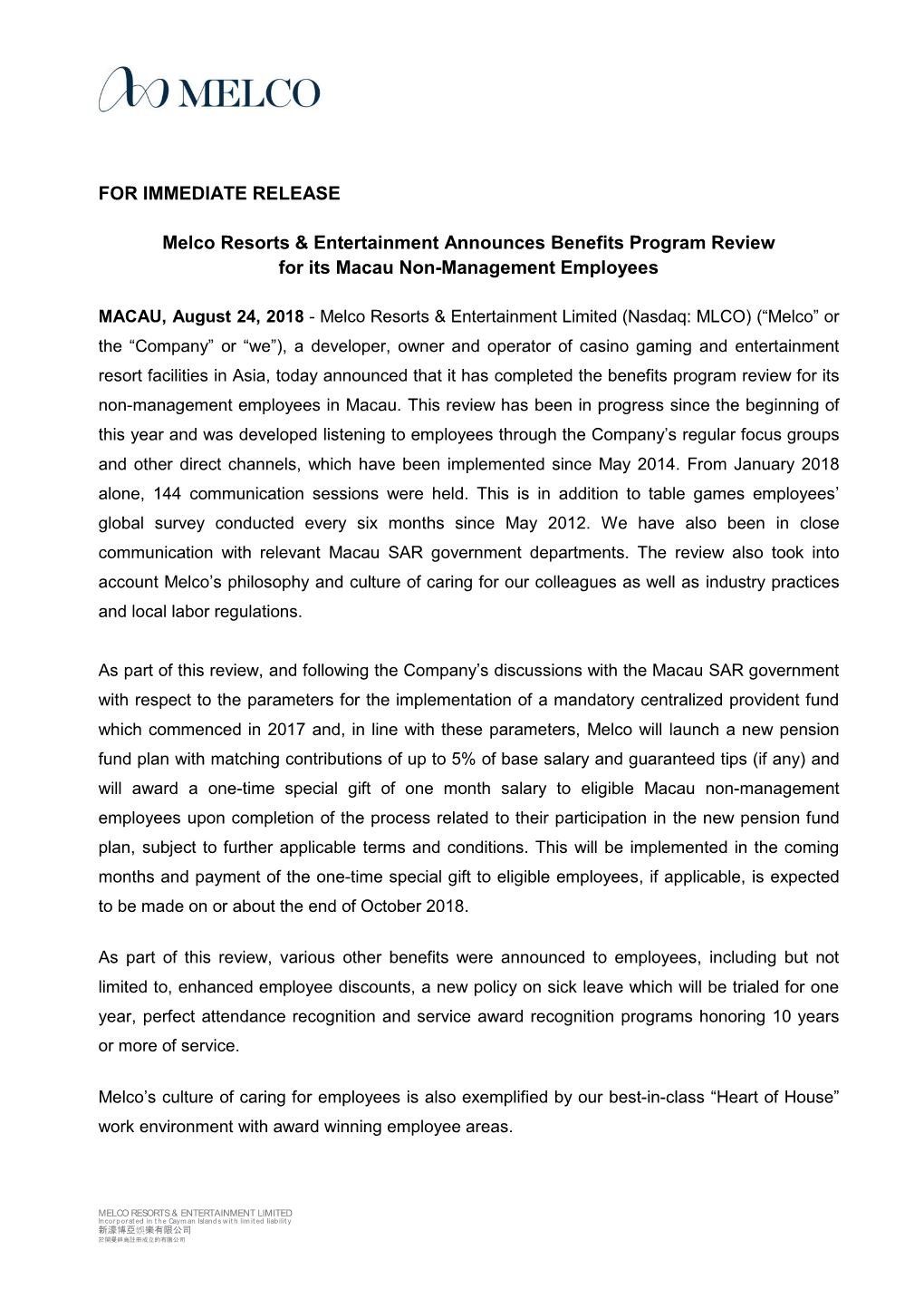 FOR IMMEDIATE RELEASE Melco Resorts & Entertainment