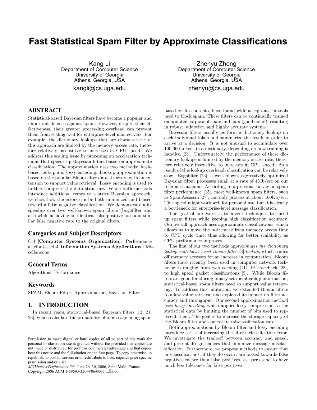 Fast Statistical Spam Filter by Approximate Classifications