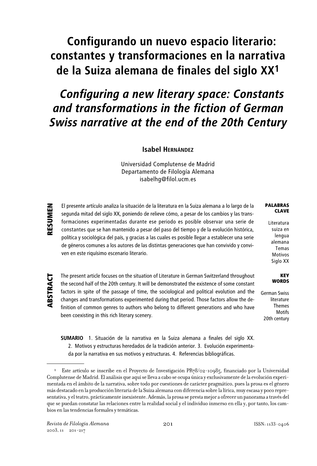 Constantes Y Transformaciones En La Narrativa De La Suiza Alemana De