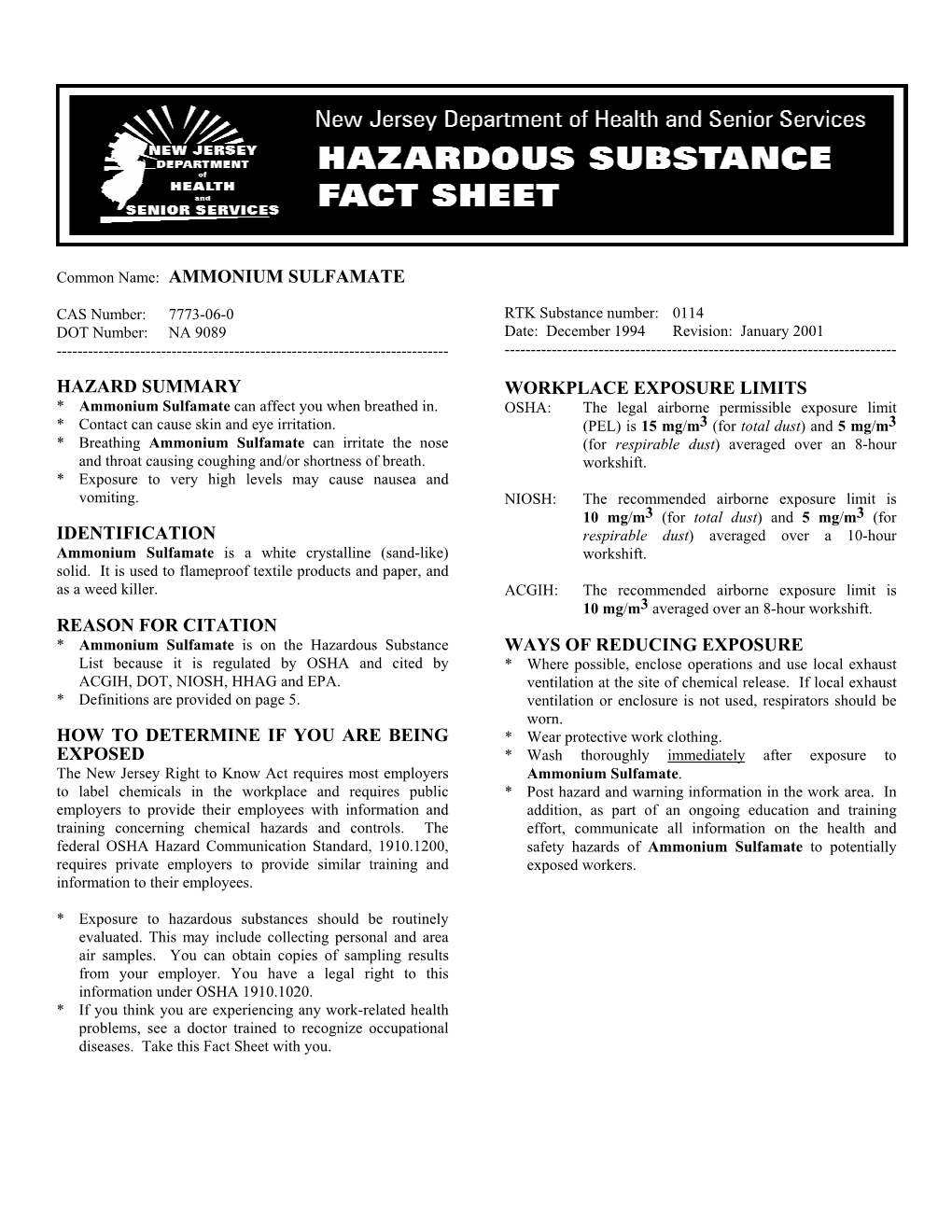 Ammonium Sulfamate Hazard Summary Identification